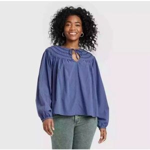 UNIVERSAL THREAD Top Boho Tied Keyhole Neckline Soft Indigo Blue Cotton Sz L